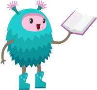 cute blue creature with a book