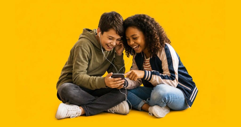 Two kids looking at a shared mobile phone laughing
