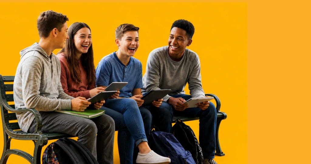 Group of kids sitting on a bench laughing